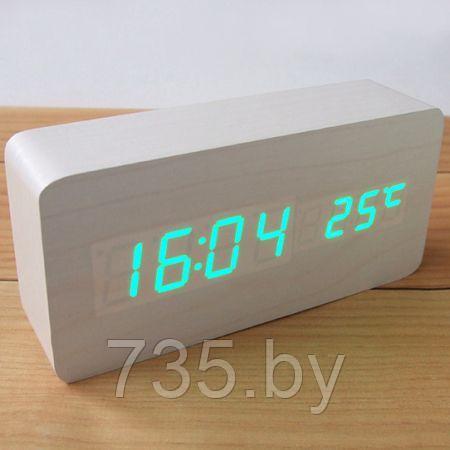 Часы-будильник Прямоугольник 15см с термометром деревянный цвет: белое дерево зеленые цифры зв. активация - фото 2 - id-p166881482