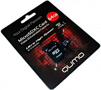 Карта памяти QUMO MicroSDXC 64GB Сlass 10 UHS-I ,3.0 с адаптером SD, черно-красная картонная упаковка