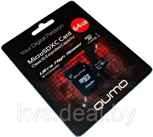 Карта памяти QUMO MicroSDXC 64GB Сlass 10 UHS-I ,3.0 с адаптером SD, черно-красная картонная упаковка - фото 1 - id-p202640411