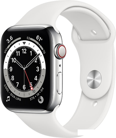Умные часы Apple Watch Series 6 LTE 44 мм (сталь серебристый/белый спортивный) - фото 1 - id-p202715316