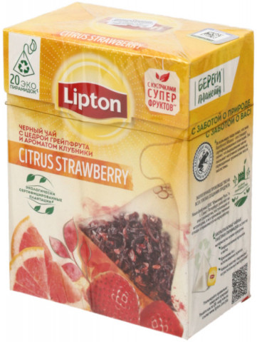 Чай Lipton ароматизированный пакетированный 32 г, 20 пирамидок, Citrus Strawberry, черный чай с цедрой - фото 1 - id-p202732869