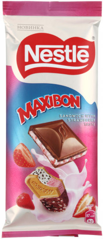 Шоколад Nestle 80 г, Maxibon, молочный с клубникой и печеньем - фото 1 - id-p202732874