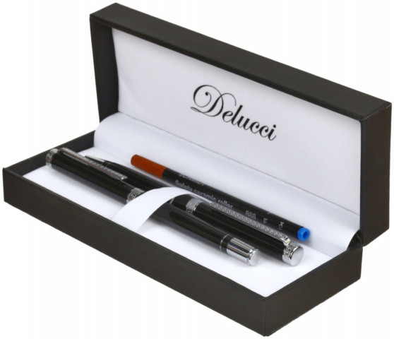 Набор ручки шариковой и роллера подарочных Delucci Classico корпус черный с серебристым - фото 2 - id-p202732928