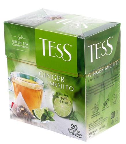 Чай Tess 36 г, 20 пакетиков-пирамидок, Ginger Mojito, чай зеленый с цедрой лимона и мятой - фото 1 - id-p202729167