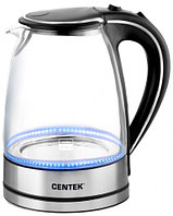 Электрочайник Centek CT-1009 BL стекло, серебро/черный