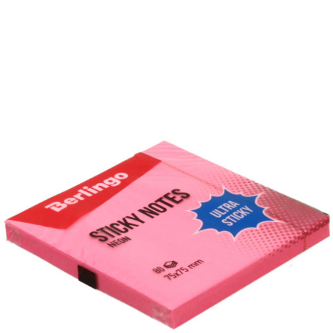 Бумага для заметок с липким краем Berlingo Ultra Sticky 75*75 мм, 1 блок*80 л., розовая, неон - фото 1 - id-p202730337