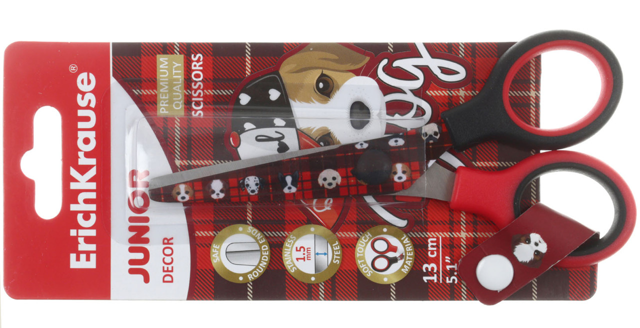 Ножницы канцелярские детские ErichKrause Junior Decor 130 мм, ручки красные с черным, Cute Dog - фото 2 - id-p202732463