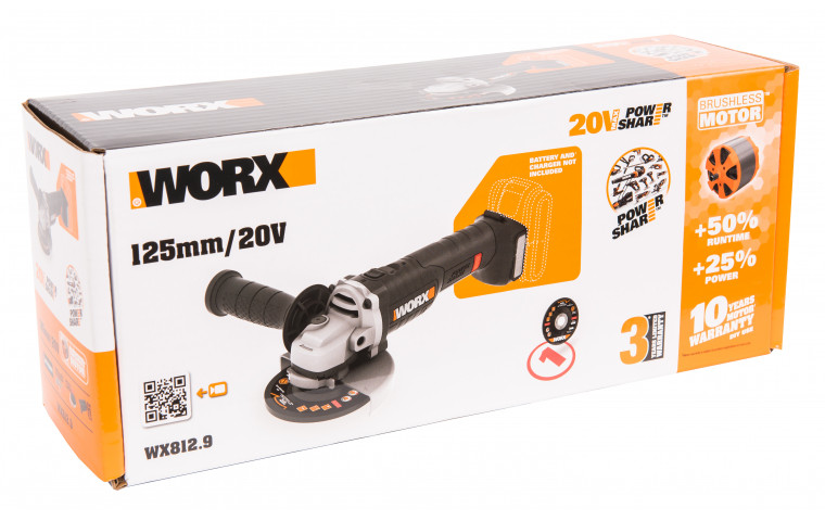 Углошлифовальная машина аккумуляторная бесщеточная WORX WX812.9, 20В, 125мм, без АКБ и ЗУ - фото 2 - id-p202642514