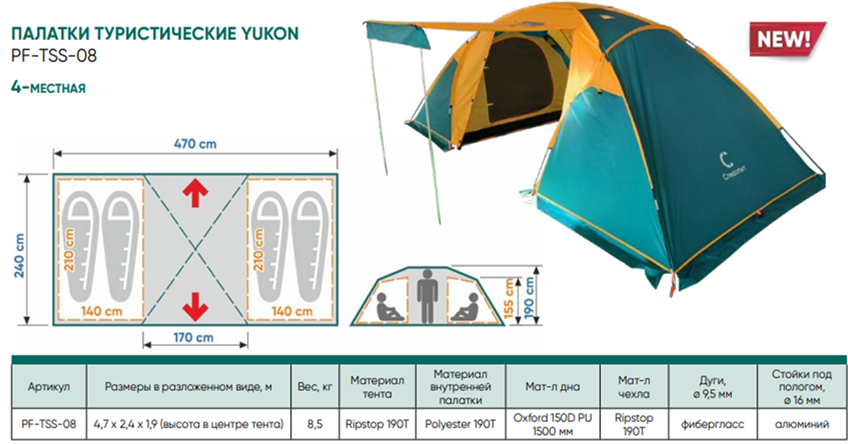 Палатка летняя двухслойная "СЛЕДОПЫТ- Yukon 4" с 2 входами, 4-х местная (470х240х190) - фото 2 - id-p202752085