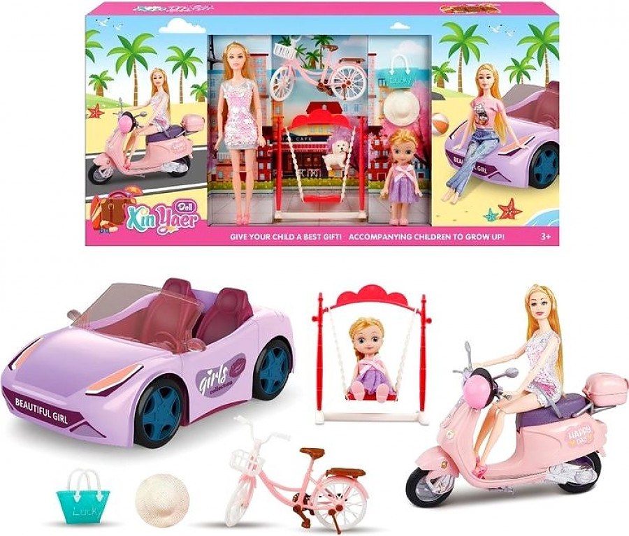 Игровой набор Куклы на игровой площадке с машиной и мопедом