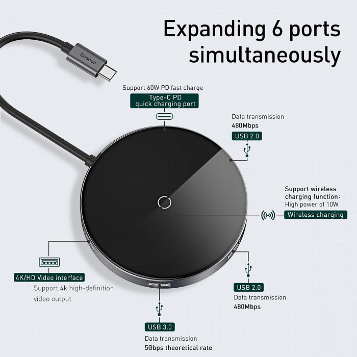 USB-концентратор Baseus Circular Mirror Wireless Charger USB-C WXJMY-A0G (Black) - фото 4 - id-p203012174