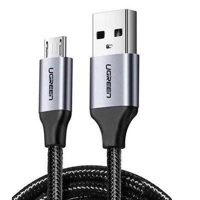 Кабель UGREEN US290 (60146) USB-A 2.0 to Micro-USB Cable Nickel Plating Alu Braid (1 метр) чёрный/серый - фото 1 - id-p203012805