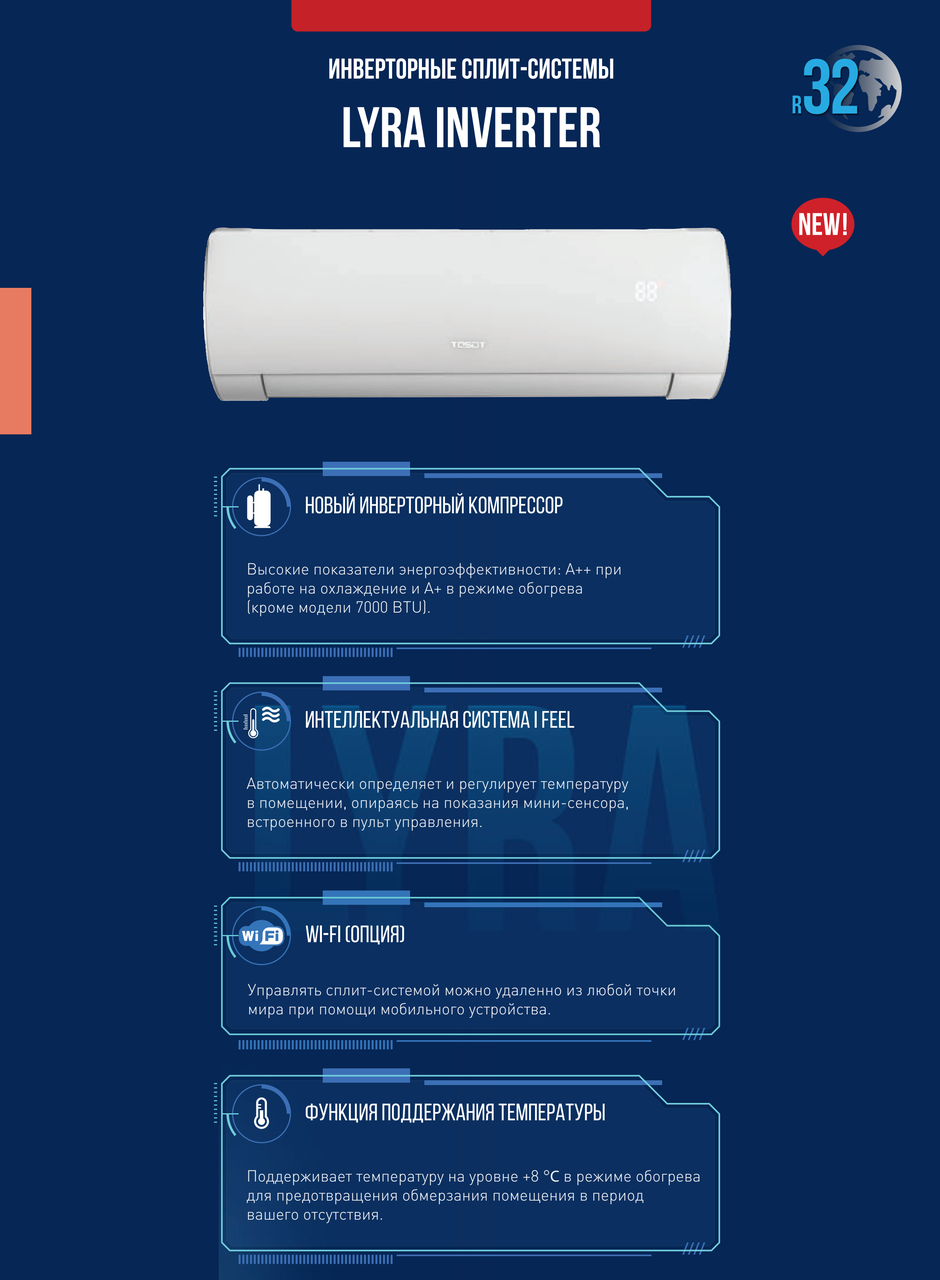 Кондиционер Tosot Lyra Inverter R32 T09H-SLyR2/I/T09H-SLyR2/O - фото 2 - id-p203027941