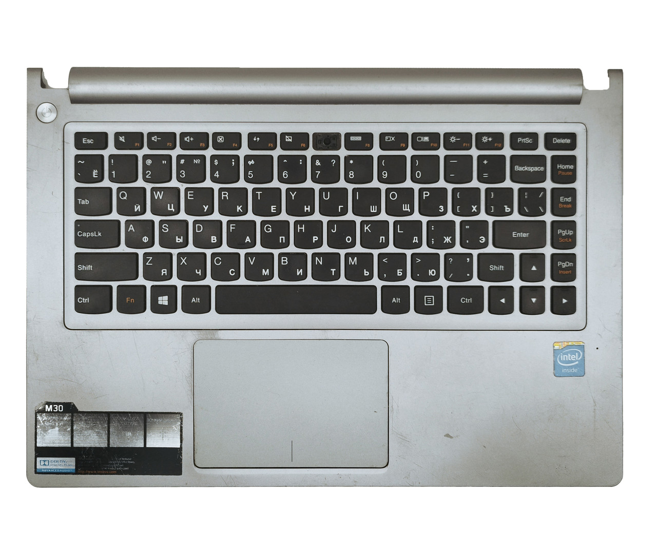 Верхняя часть корпуса (Palmrest) Lenovo IdeaPad M30-70, с клавиатурой, с тачпадом, серебристый, RU (с разбора) - фото 1 - id-p203048071