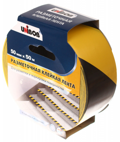 Лента клейкая для разметки пола Unibob 50 мм*50 м, 150 мкм, желто-черная - фото 1 - id-p203119274