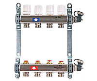Коллекторная группа 1' х 3/4' 4 вых с регулировочными и термостатическими вентилями, нерж. стал.