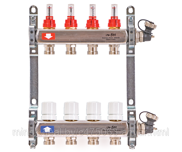 Коллекторная группа 1' х 3/4' 4 вых с расходомерами и термостатическими вентилями, нерж. сталь - фото 1 - id-p203121362