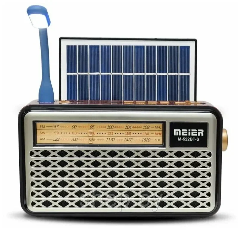Радиоприемник Meier M-522BT-S, USB, microSD, Bluetooth, солнечная панель, USB лампа