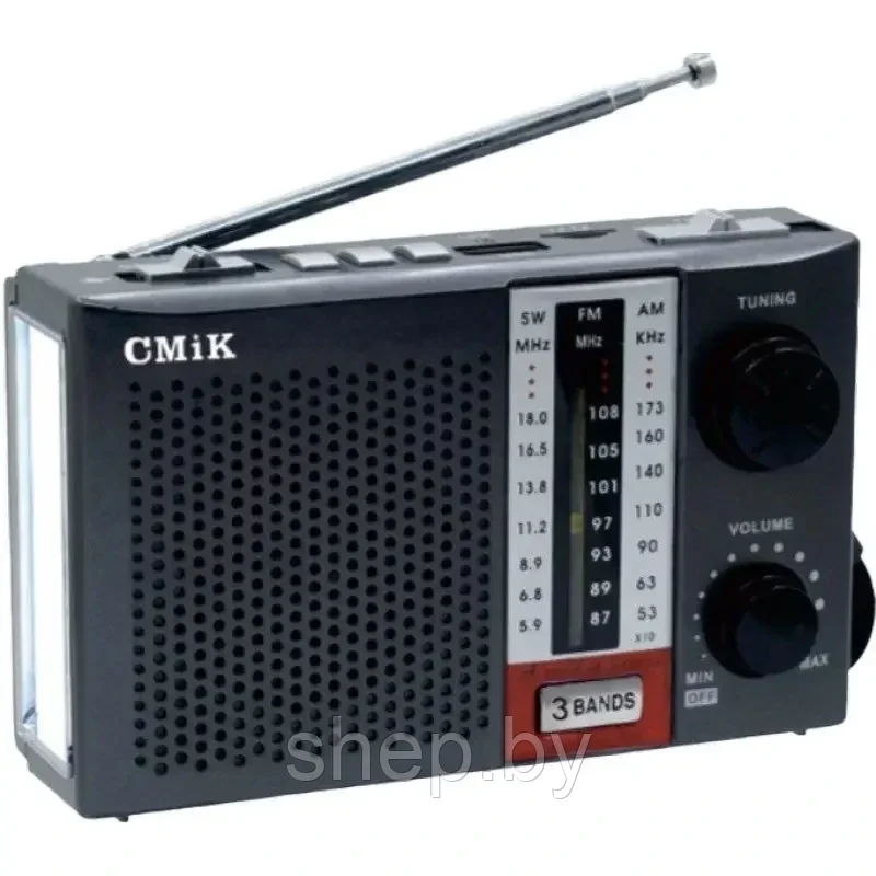 Радиоприемник CMIK MK-938 TF/USB + фонарь MicroUSB FM64-108Mhz черный - фото 1 - id-p203156999