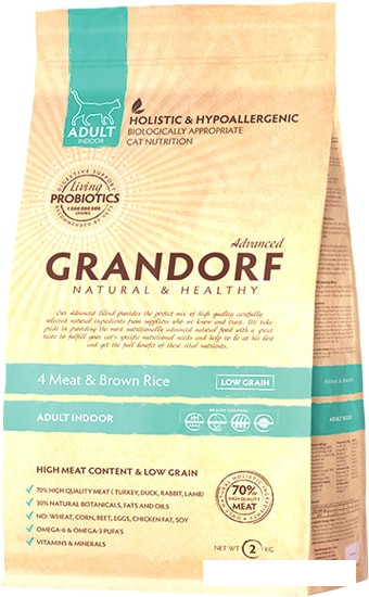 Корм для кошек Grandorf 4 Meat&Brown Rice Living Probiotics Adult Indoor 2 кг - фото 1 - id-p203021213
