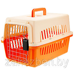 Корзина для переноски домашних животных пластмассовая 48х32х30см, с металлической дверцей, бежево-оранжевый