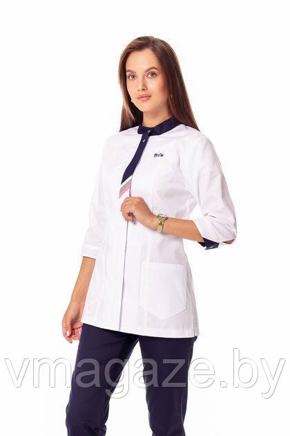Медицинский жакет женский (цвет белый,отделка-темно-синяя) - фото 7 - id-p198173243