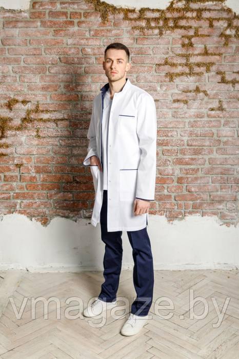 Медицинский халат, мужской (отделка синяя, цвет белый) - фото 1 - id-p176524081