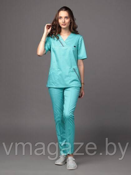 Медицинская женская блуза со стрейчем(приталенная, цвет бирюза) - фото 3 - id-p176460676