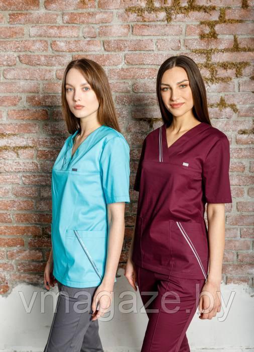 Медицинская женская блуза со стрейчем(приталенная, цвет бирюза) - фото 5 - id-p176460676