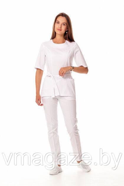 Медицинская женская блуза на молнии с поясом(цвет белый) - фото 2 - id-p198364053