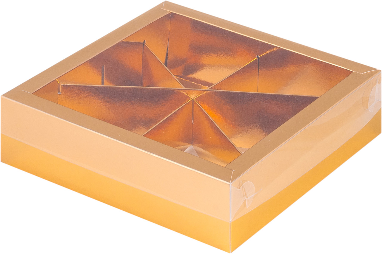 Коробка для ассорти сладостей с пластиковой крышкой, Золотая глянцевая, 200х200х h55 мм - фото 1 - id-p145359724