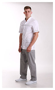 Медицинский костюм,мужской(отделка серая, цвет белый)