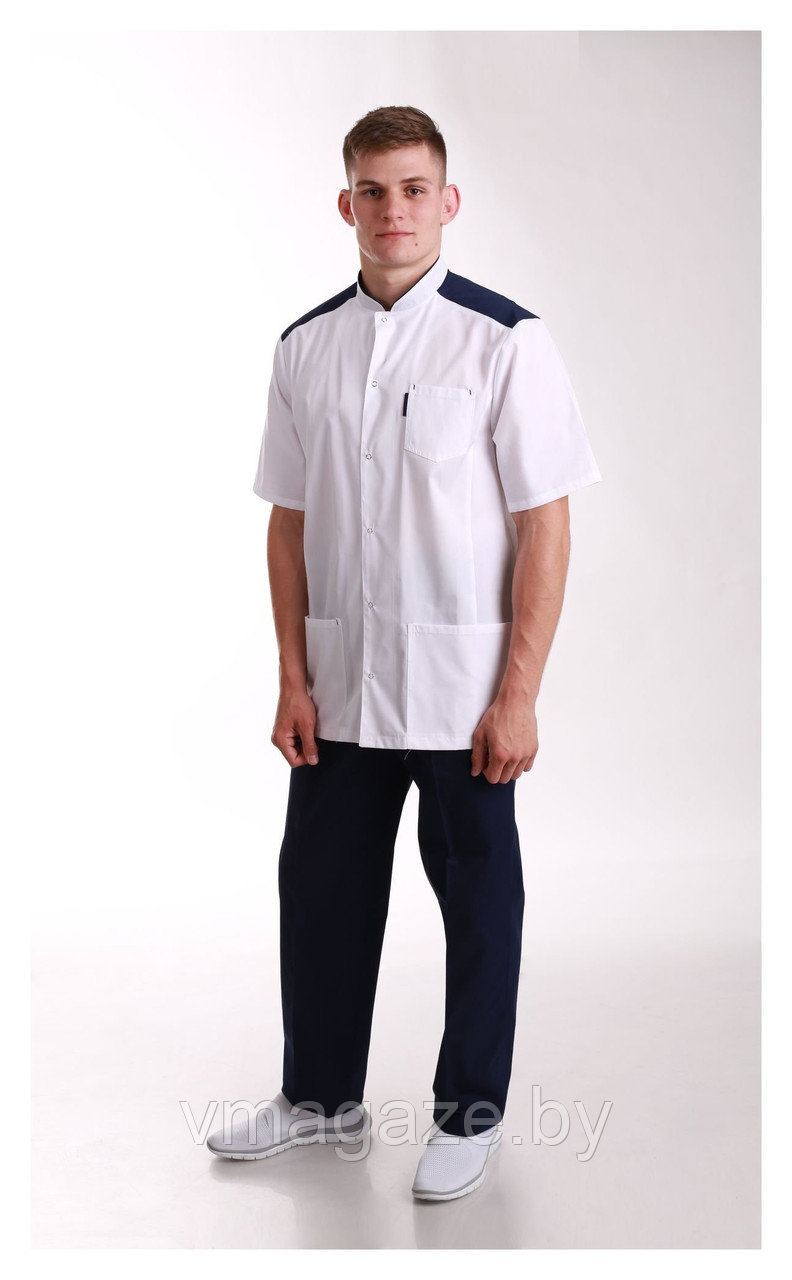 Медицинский костюм,мужской(отделка т-синяя, цвет белый)