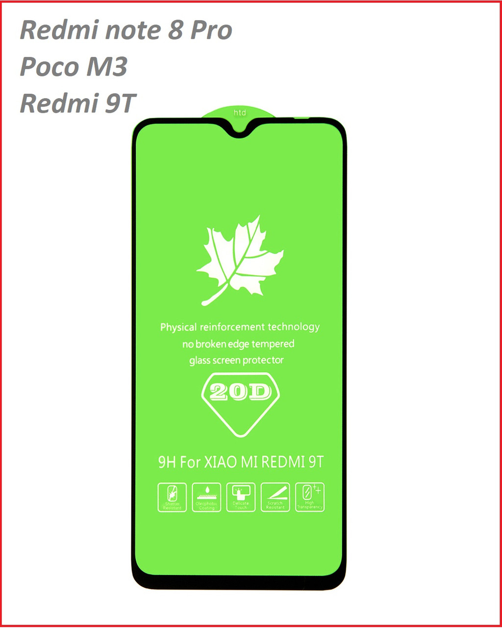 Защитное стекло для Xiaomi Redmi Note 8 Pro / Redmi 9T / Poco M3 ( 20D с полной проклейкой ) черный - фото 1 - id-p203347785