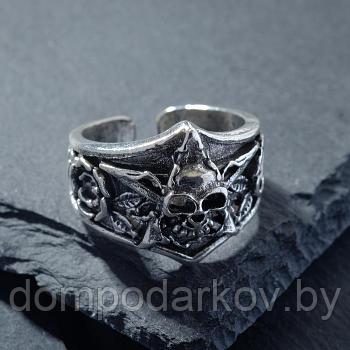 Кольцо "Перстень" череп с цветами, цвет чернёное серебро, безразмерное