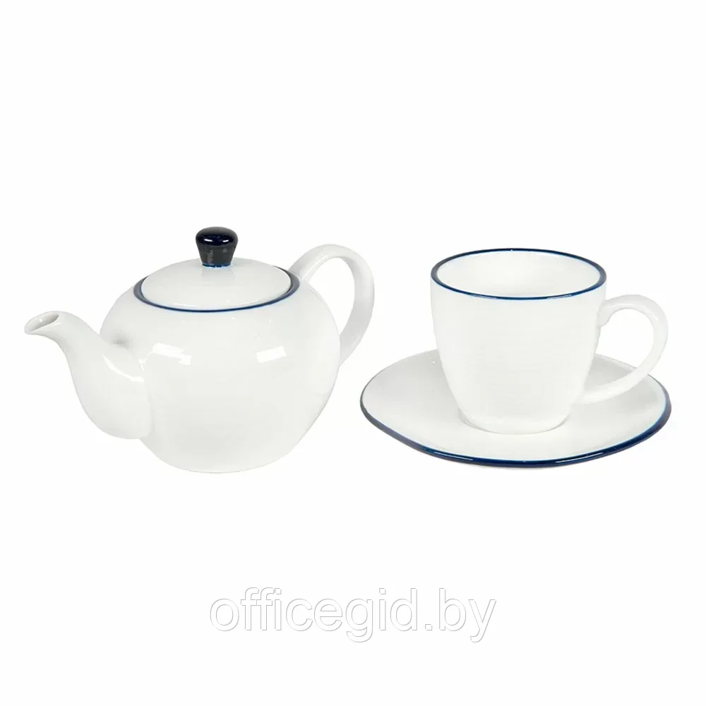 Набор посуды чайник и чашка с блюдцем "Seawave", белый, синий - фото 1 - id-p203427313