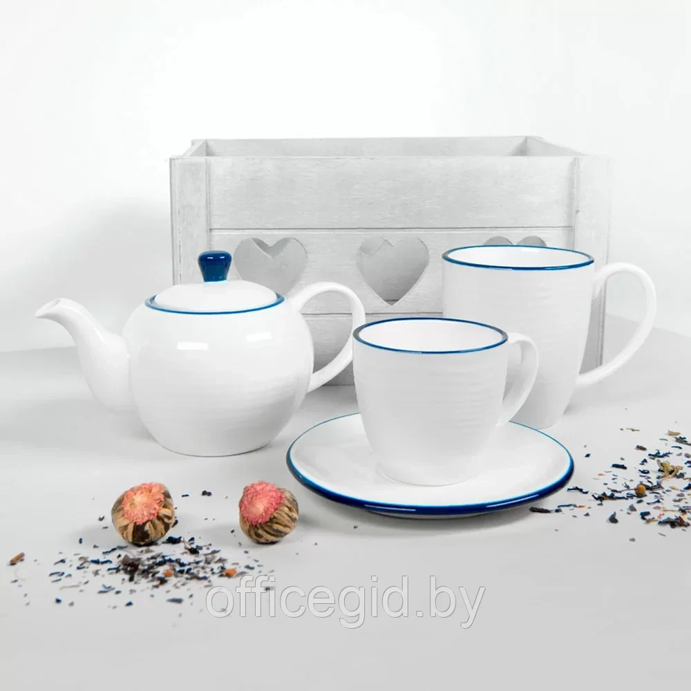 Набор посуды чайник и чашка с блюдцем "Seawave", белый, синий - фото 2 - id-p203427313