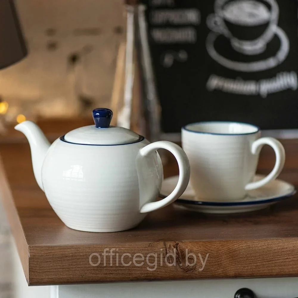 Набор посуды чайник и чашка с блюдцем "Seawave", белый, синий - фото 4 - id-p203427313