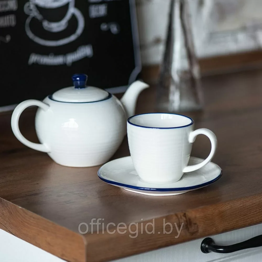 Набор посуды чайник и чашка с блюдцем "Seawave", белый, синий - фото 5 - id-p203427313