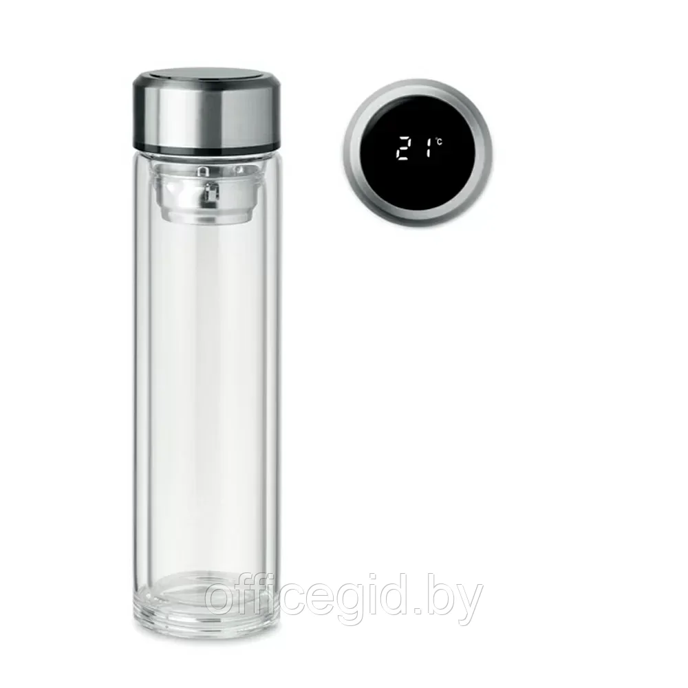 Бутылка для воды "Pole Glass" с термометром, стекло, металл, 390 мл, прозрачный, серебристый - фото 1 - id-p203426333