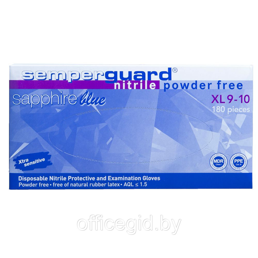 Перчатки нитриловые неопудренные одноразовые "Semperguard Sapphire", р-р XL, 180 шт, голубой
