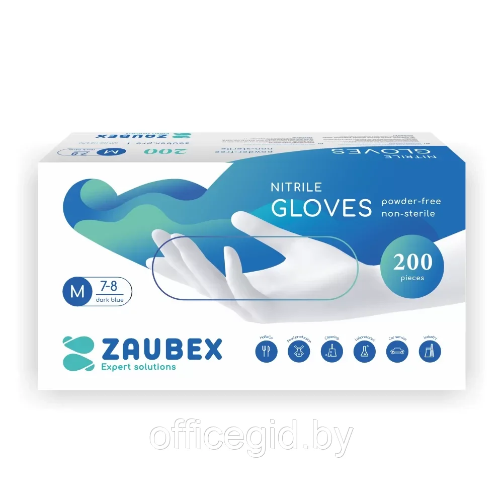 Перчатки нитриловые неопудренные одноразовые "Zaubex", р-р M, 200 шт/упак, голубой