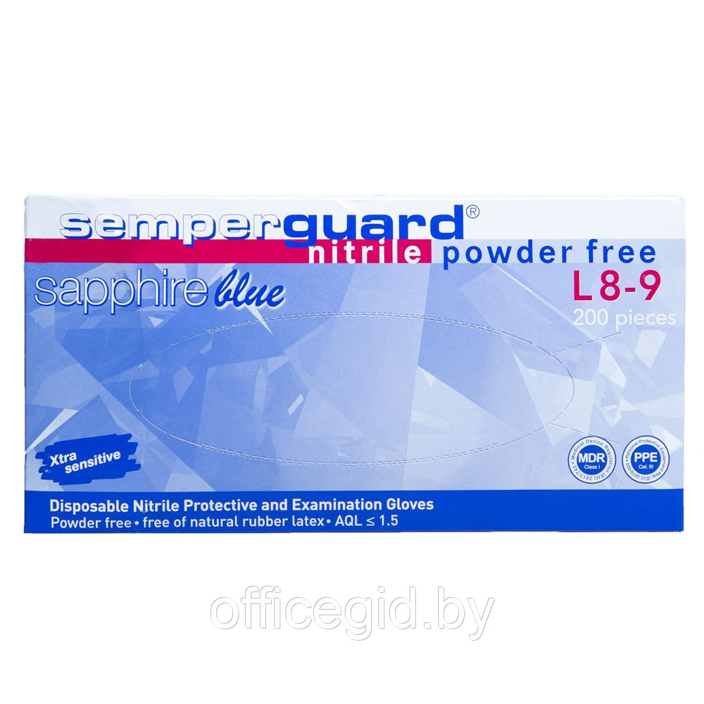 Перчатки нитриловые неопудренные одноразовые "Semperguard Sapphire", р-р L, 200 шт, голубой