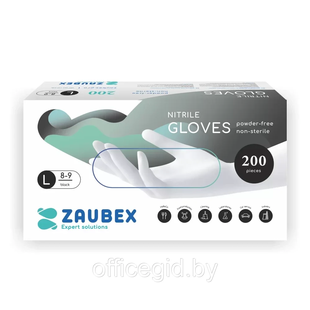 Перчатки нитриловые неопудренные одноразовые "Zaubex", р-р L, 200 шт/упак, черный