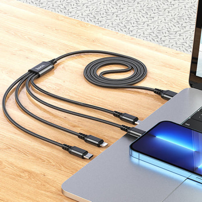 USB кабель Hoco X76 Super Lightning x 2+ MicroUSB + Type-C, длина 1 метр (Черный) - фото 5 - id-p203428567