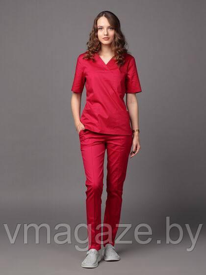 Медицинская женская блуза "хирург"стрейч (цвет красный) - фото 2 - id-p203444896