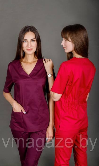 Медицинская женская блуза "хирург"стрейч (цвет красный) - фото 3 - id-p203444896