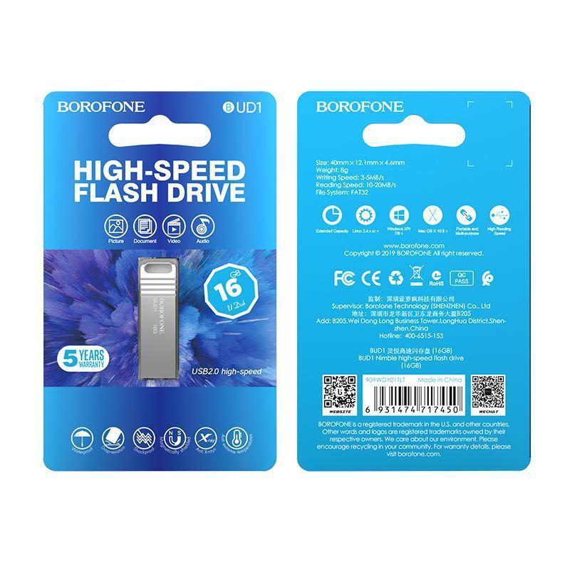 Флешка 16Gb Borofone BUD1, USB 2.0, серебристый 556420 - фото 3 - id-p203446340