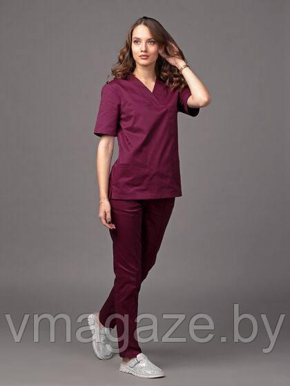 Медицинская женская блуза "хирург"стрейч (цвет бордо) - фото 2 - id-p203456938