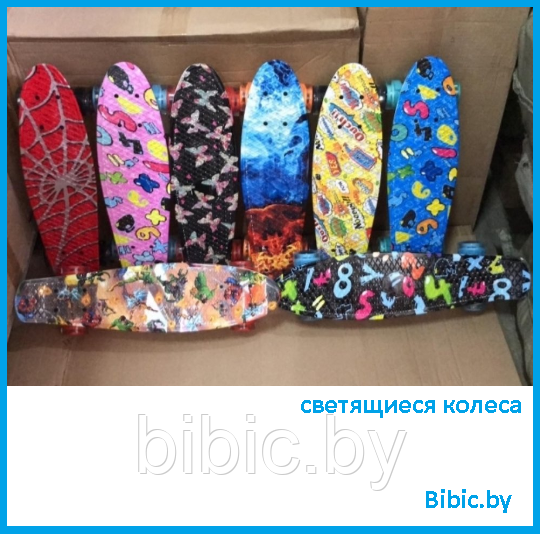 Детский скейт с ручкой и рисунком принтом, пенни борд Penny board скейтборд для мальчиков и девочек принт - фото 1 - id-p203530861